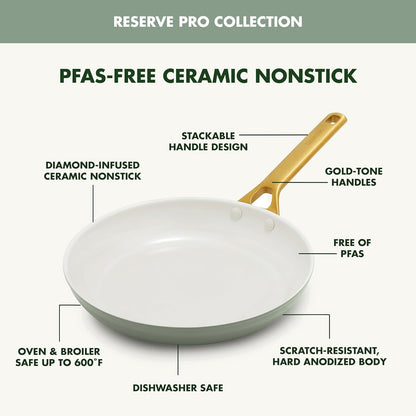 GreenPan Nonstick Reserve Pro 10 Piece Cookware Set, NSF Certified Ceramic, Hard Anodized PFAS-Free Pots & Pans Set with Lids, Stainless Steel Handles, Oven & Dishwasher Safe, Moss Green