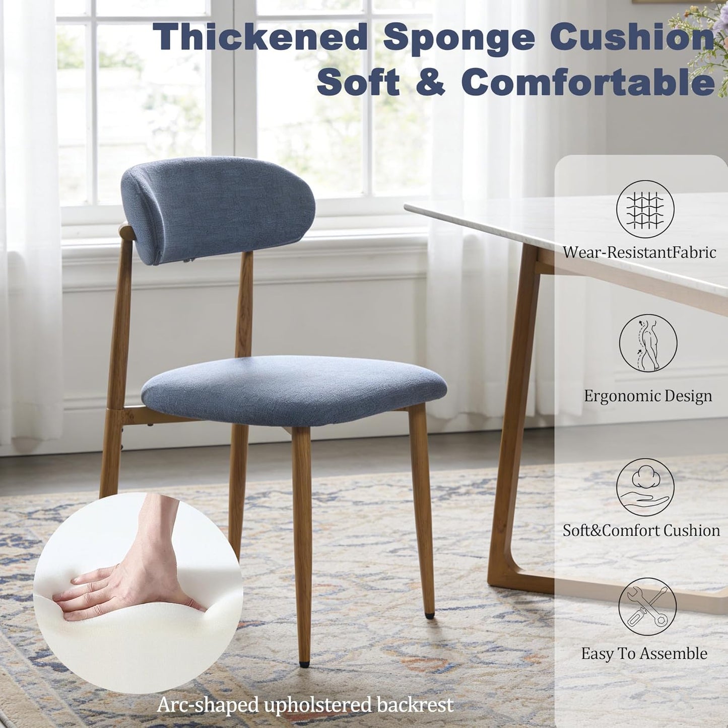 FREKEN Modern Upholstered Dining Chairs Set of 8, Mid-Century Metal Frame with Wood Grain, Linen Fabric Side Chair for Kitchen Dining Room, 350lbs Capacity, Blue