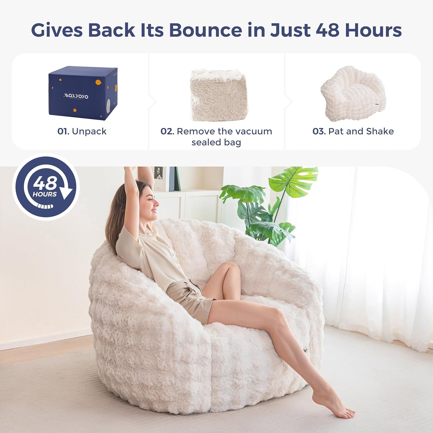 MAXYOYO Giant Bean Bag Chair for Adults, Stuffed Shell-Shaped Large Bean Bag Couch, Cozy Living Room Chair with Filler, Floor Sofa Lazy Sofa for Bedroom Living Room, Beige