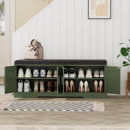 Homleke 2-Tier Storage Bench, Shoe Bench with Thickened Padded Seat Cushion, Entryway Bench with 4 Doors, Adjustable Shelf, 13.8" D x 45.3" W x 18.5" H, for Entryway, Living Room, Bedroom, Green