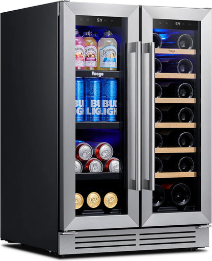Yeego 24 Inch Wine and Beverage Cooler - 36-72°F, Holds 60 Cans & 20 Bottles Adjustable Shelves Beverage Fridge, Stainless Steel with glass Door for Built-in for Kitchen/Bar
