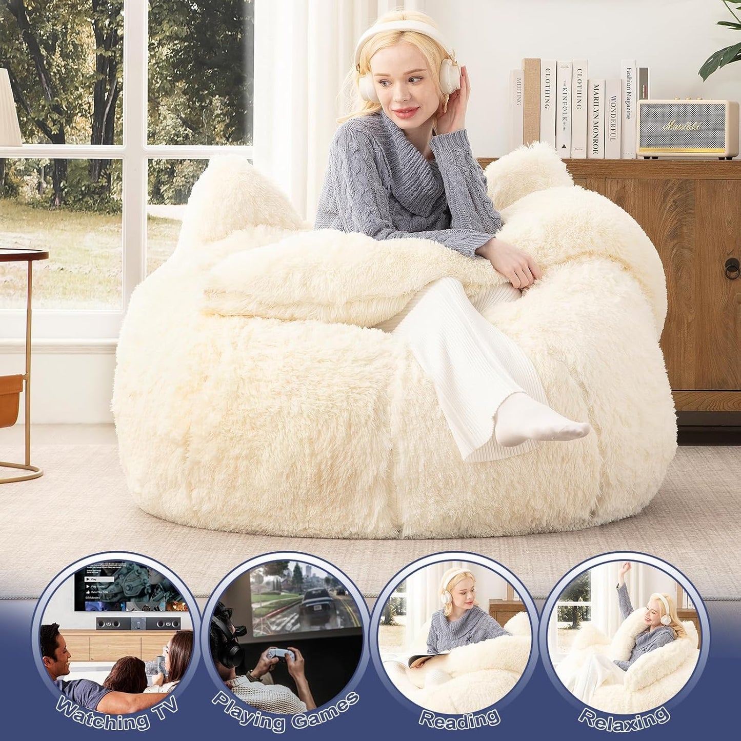 Achicsofar Bean Bag Chair for Adults Teens Giant Faux Fur Bean Bag Chairs with Filler Fluffy Plush Cat Shaped Beanbag Couch Comfy Accent Floor Sofa for Gaming, Reading in Living Room, Bedroom, Dorm