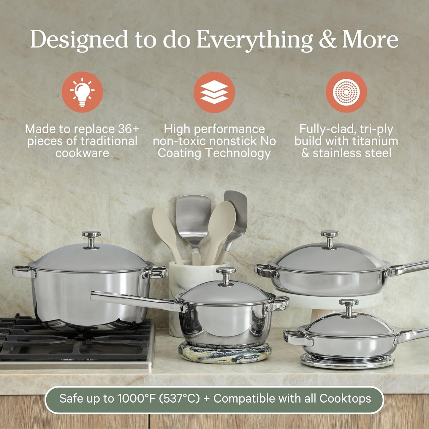 Our Place Titanium Pro Cookware Set | 10-Piece Pots and Pans Set with Always Pan Pro, Perfect Pot Pro & Minis | Non-Toxic No-Coating Nonstick | Induction & Oven-Safe up to 1000°F | Chrome
