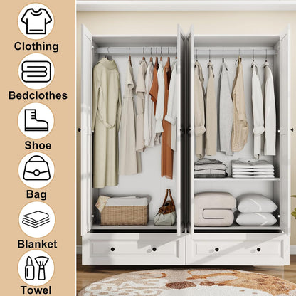 Armoire Wardrobe Closet with Drawers: 74" White Tall Wooden Wardrobe Closet for Hanging Clothes, Large Bedroom Armoires with 2 Drawers, 4 Door Armoire Storage Cabinet (White, 63")
