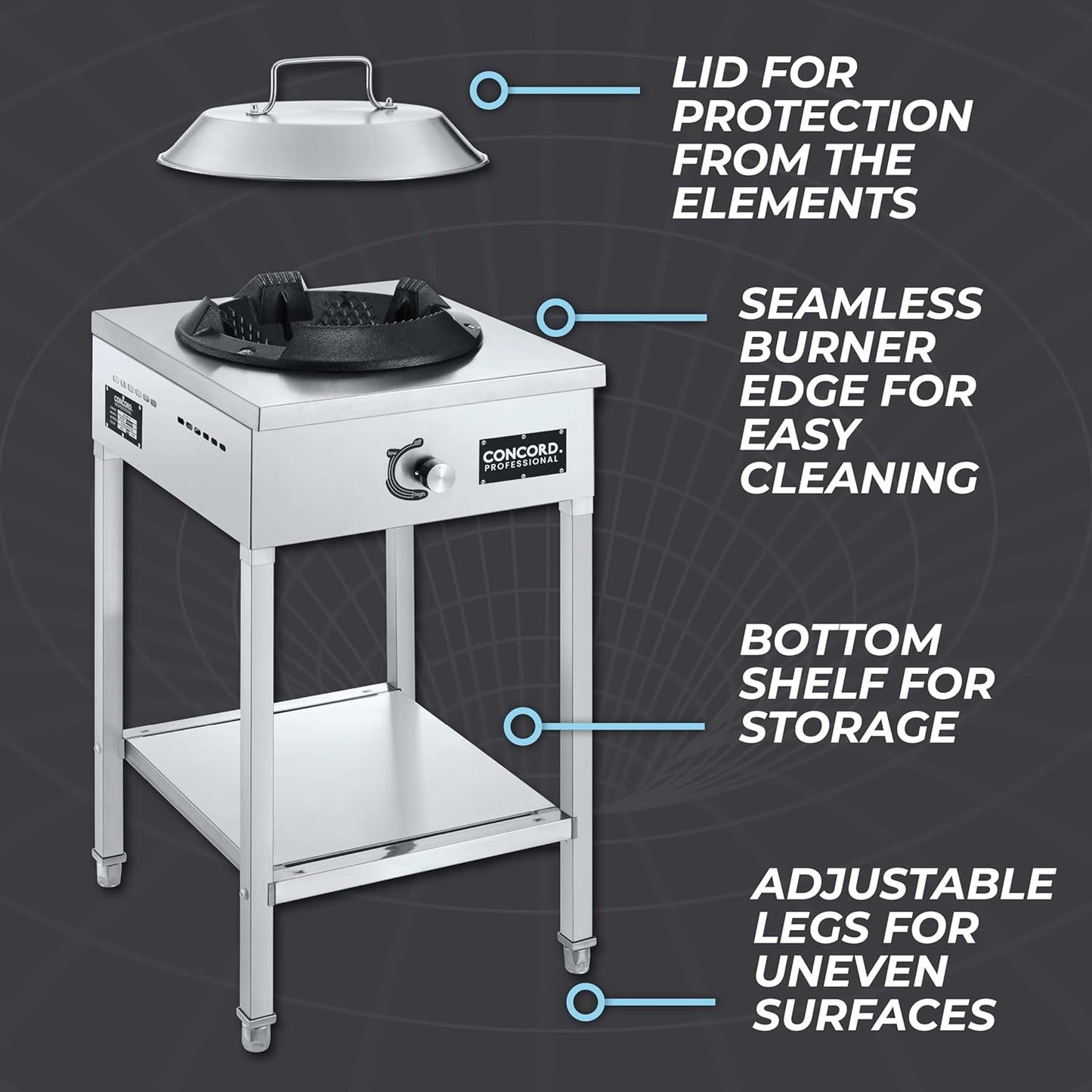 Concord Professional Vortex Burner Stainless Steel Commercial Wok Range Single Burner Outdoor Propane Stove. Great for Stir Fry, Outdoor Kitchen, Asian Cuisine