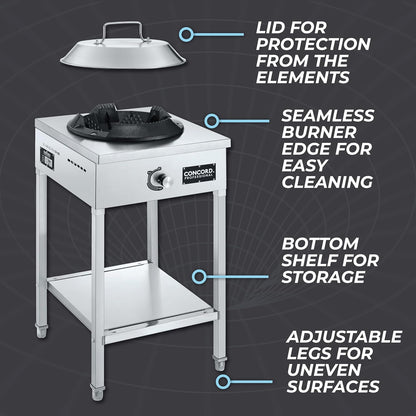 Concord Professional Vortex Burner Stainless Steel Commercial Wok Range Single Burner Outdoor Propane Stove. Great for Stir Fry, Outdoor Kitchen, Asian Cuisine