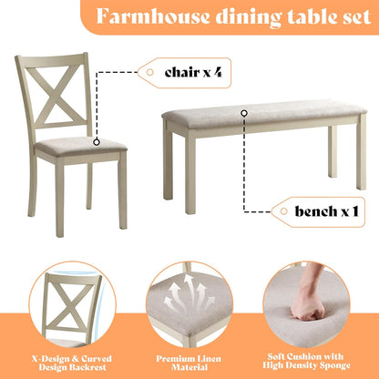 AMERLIFE 6-Piece Farmhouse Dining Table Set for 6-7, 71" Solid Wood Kitchen Table and Chairs, 1 Dining Table, 4 Upholstered Chairs and 1 Bench, Rustic Dining Room Set, Rustic White
