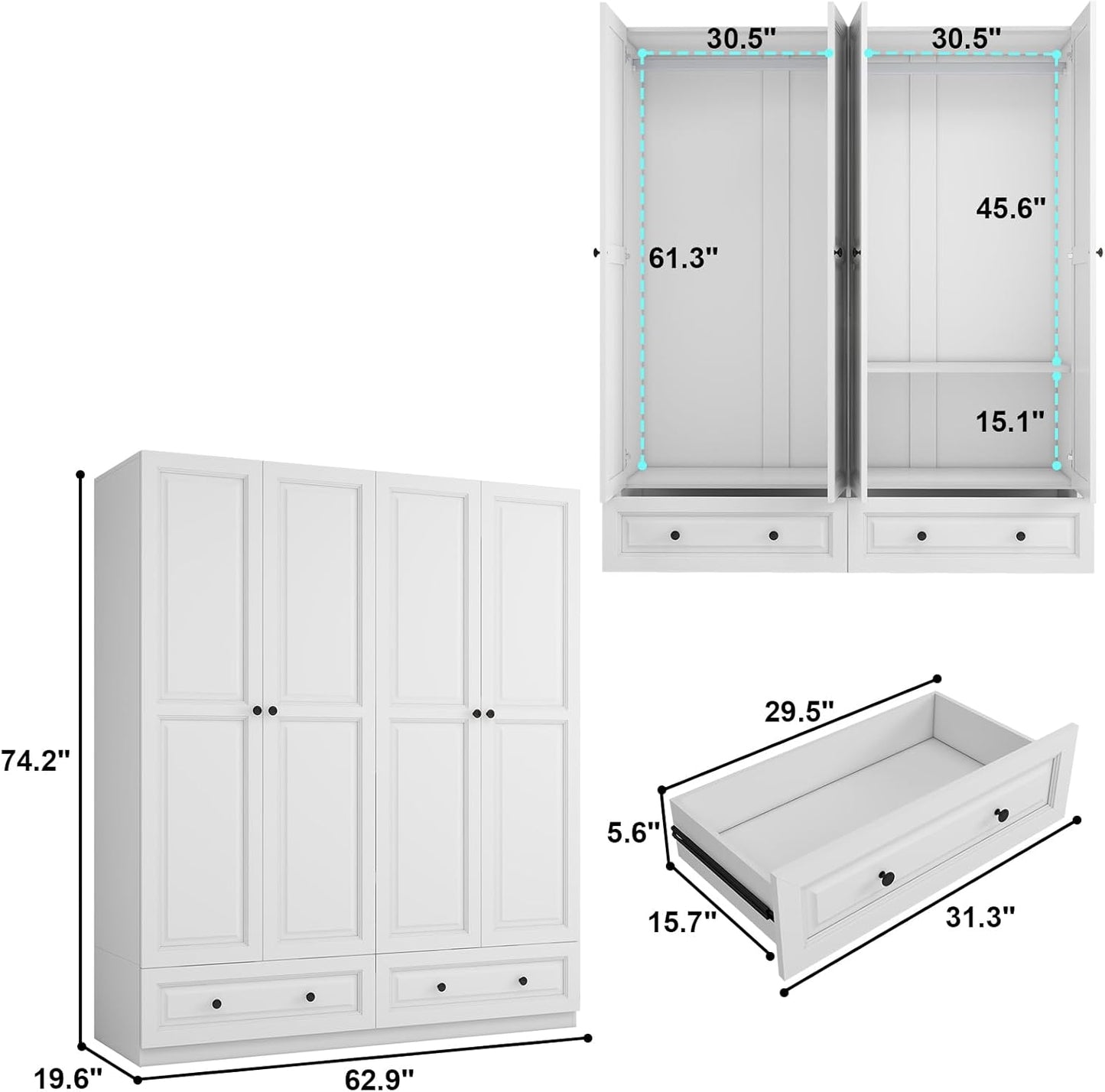 Armoire Wardrobe Closet with Drawers: 74" White Tall Wooden Wardrobe Closet for Hanging Clothes, Large Bedroom Armoires with 2 Drawers, 4 Door Armoire Storage Cabinet (White, 63")