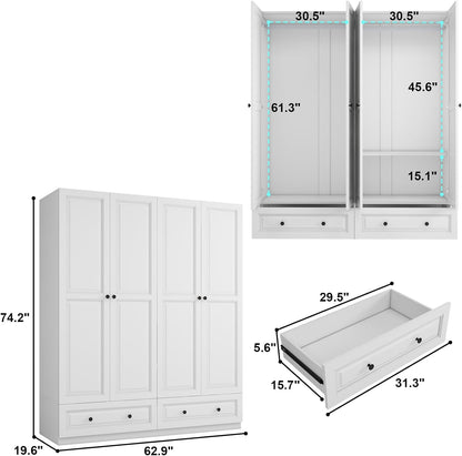 Armoire Wardrobe Closet with Drawers: 74" White Tall Wooden Wardrobe Closet for Hanging Clothes, Large Bedroom Armoires with 2 Drawers, 4 Door Armoire Storage Cabinet (White, 63")