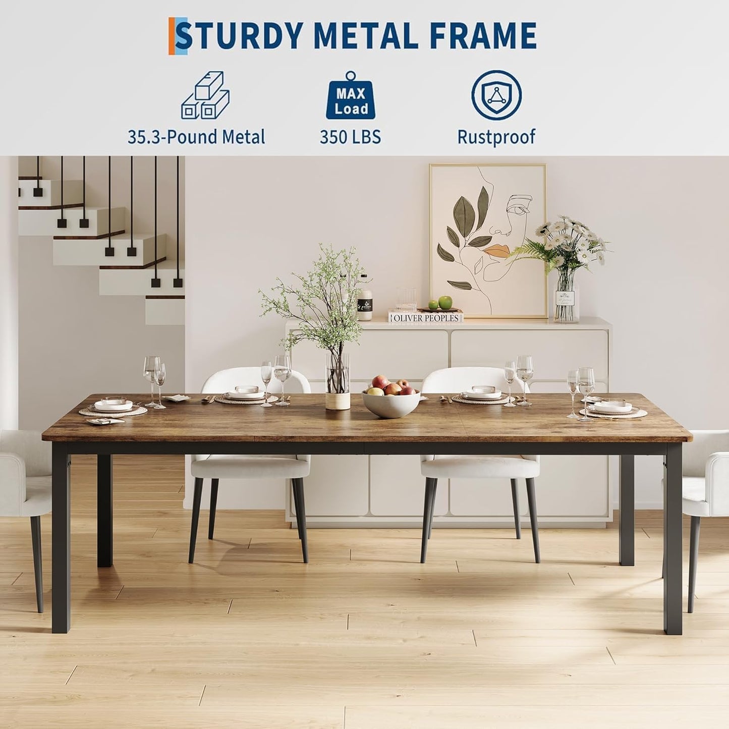 GarveeHome 70.8 in Industrial Dining Table for 6, Wooden Long Dinner Table with Mortise Tenon Design, Kitchen Table with Sturdy Metal Legs, for Dining Room Home Office Living Room, Retro