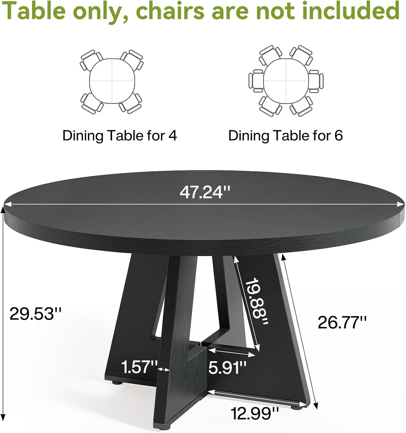 LITTLE TREE Round Dining Table for 4-6 People, 47 Inches Dining Room Table with Wooden Pedestal Base, Black Dinner Tables, Circle Kitchen Tables for Dining Room, Kitchen, Living Room