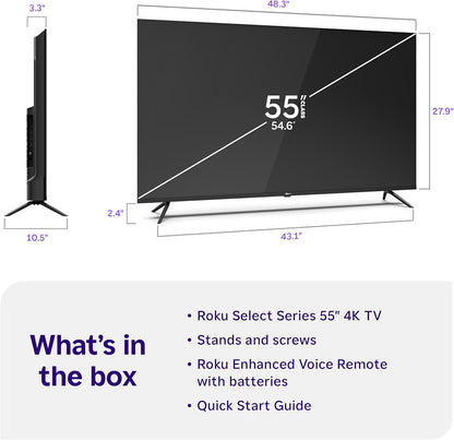 Roku Smart TV – 55-Inch Select Series, 4K HDR TV – Roku TV with Enhanced Voice Remote – Flat Screen LED Television with Wi-Fi for Streaming Live Local News, Sports, Family Entertainment