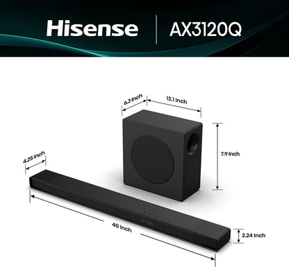 Hisense AX3120Q 3.1.2Ch Sound Bar with Wireless Subwoofer, Dolby Atmos, DTS:X, Bluetooth 5.3, Roku TV Ready, HDMI/AUX/ARC/Optical/USB, EzPlay 3.0, 7 EQ Modes, Hi Concerto, Black