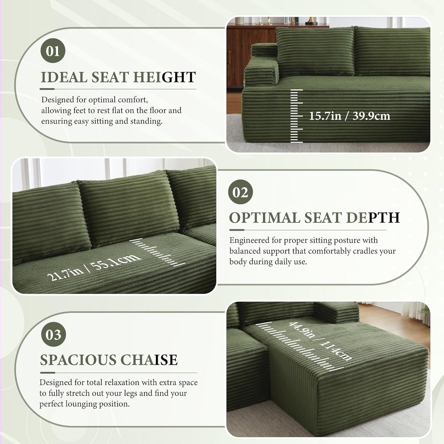 96" Sectional Couches for Living Room Cloud Couch Sofa with L-Shape Upholstered Boneless Couchs Modern Modular Sectional Couch with Chaise (Green, 96" W+Right Facing Chaise+2Seaters)