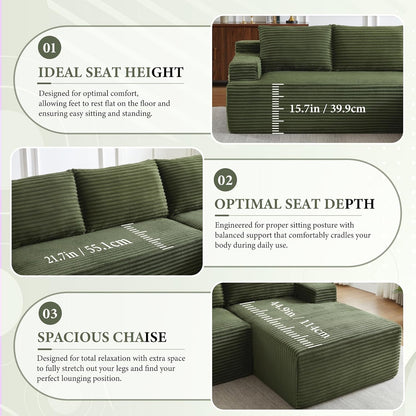 96" Sectional Couches for Living Room Cloud Couch Sofa with L-Shape Upholstered Boneless Couchs Modern Modular Sectional Couch with Chaise (Green, 96" W+Right Facing Chaise+2Seaters)