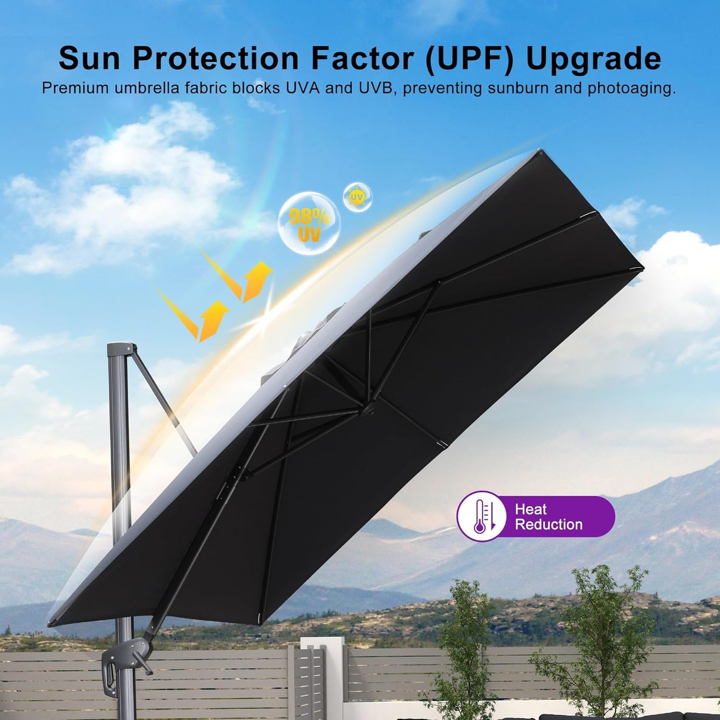 PURPLE LEAF Patio Umbrella 10' X 10' Rectangle Cantilever Umbrella Large Aluminum Outdoor Umbrellas with 360-degree Rotation & UPF40+ Premium Fabric for Deck Pool Garden Yard, Graphite Grey