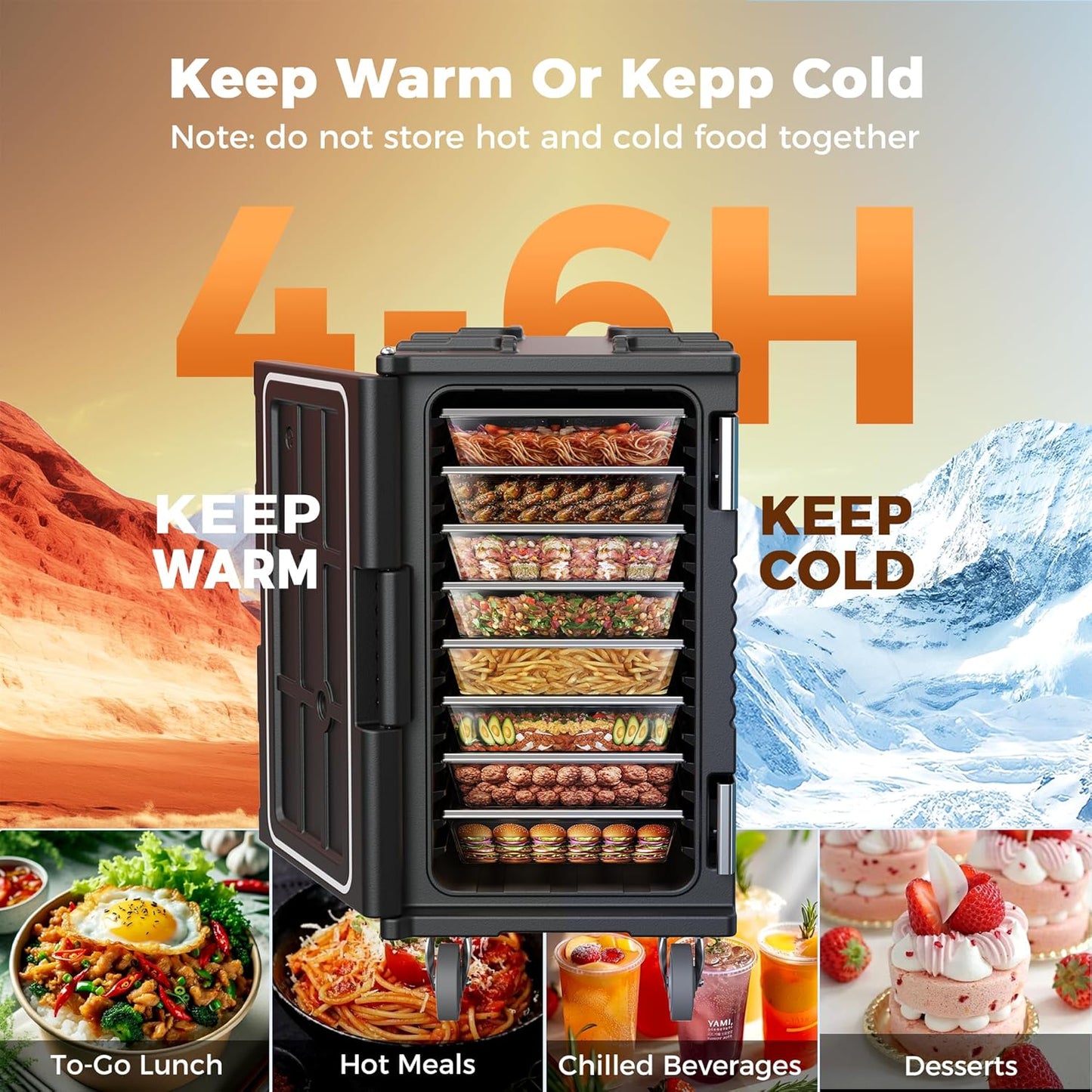 CAMMOO 127QT Non-Electrical Catering Food Warmers with Casters, 304 Stainless Steel Latch & Door Shaft, Insulated Food Carrier for 8 Full-Size Pans(NOT Included), Food Warmer Hot Boxes for Catering