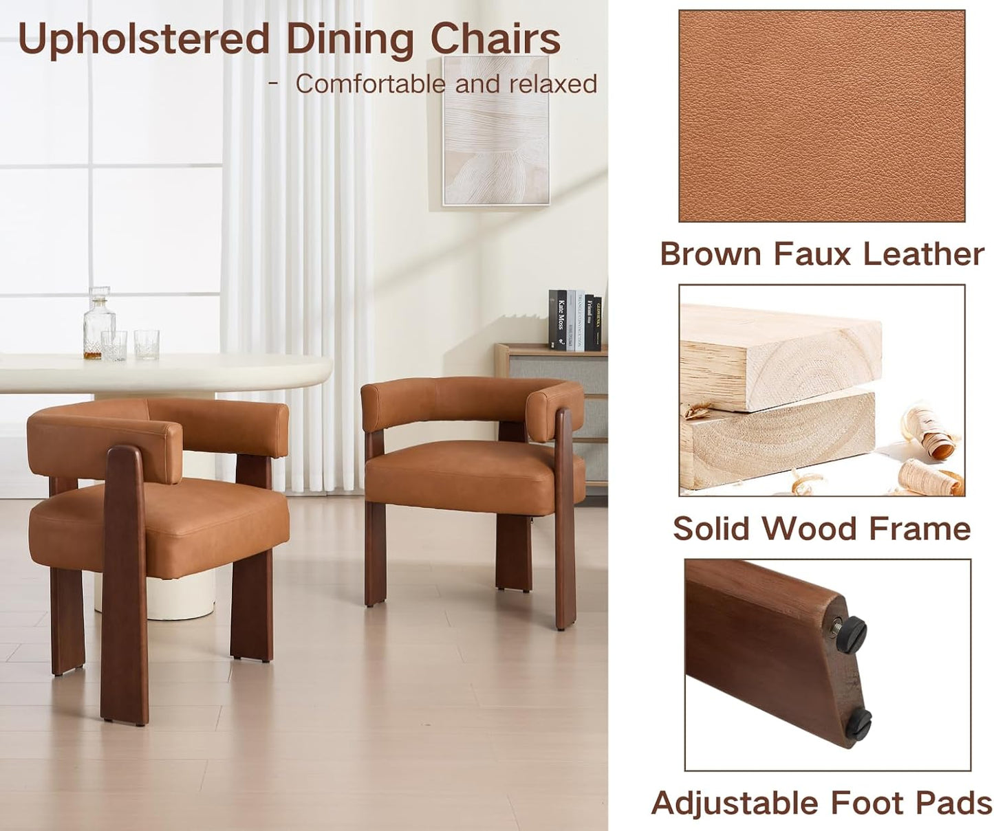 Shunzhi Brown Leather Barrel Dining Chairs Set of 4 Modern Upholstered Dining Room Chairs with Arms/Open Back Farmhouse Wooden Kitchen Chairs Comfy Accent Side Armchairs for Living Room