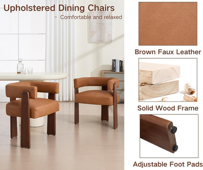 Shunzhi Brown Leather Barrel Dining Chairs Set of 4 Modern Upholstered Dining Room Chairs with Arms/Open Back Farmhouse Wooden Kitchen Chairs Comfy Accent Side Armchairs for Living Room