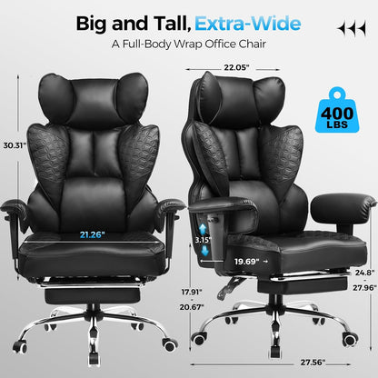 COMHOMA Big and Tall Office Chair Heavy Duty Wide Ergonomic Gaming Chair with Deluxe Embossing Designed Leather with Foot Rest,150°Reclining Adjustable Armrests Pocket Spring Back Support and Pillow