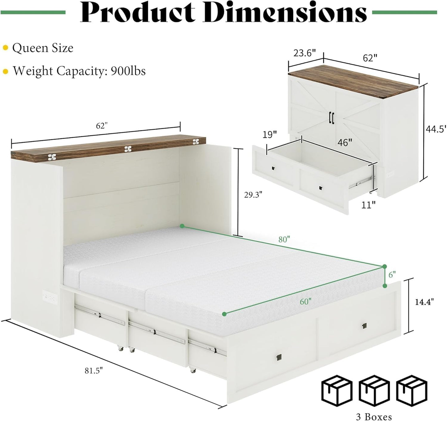 LUXOAK Queen Murphy Bed with 6" Tri-Fold Memory Foam Mattress, Storage Drawer & Charging Station, Space-Saving Design for Home Office or Guest Room, White