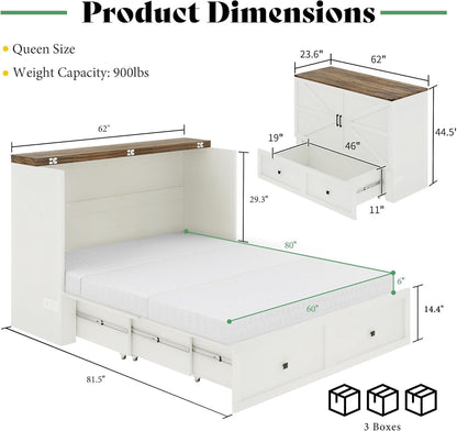 LUXOAK Queen Murphy Bed with 6" Tri-Fold Memory Foam Mattress, Storage Drawer & Charging Station, Space-Saving Design for Home Office or Guest Room, White