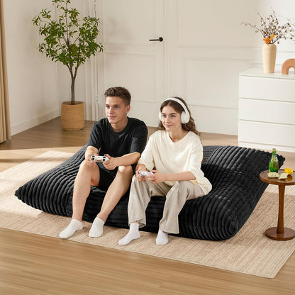 3-in-1 Giant Bean Bag Chair for Adults & Kid, Convertible Floor Sofa to Mattress, High-Density Foam Chair Bed with Washable Cover, Multi Functional Lounge Couch for Bedroom, Living Room (Black)