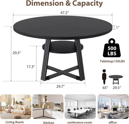 GarveeHome 47 Inch Round Dining Table for 4-6, Farmhouse Pedestal Kitchen Table with Storage Shelf, Space-Saving Circle, for Kitchen, Dining Room, Living Room, Apartment, Table Only- Black