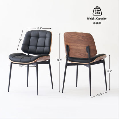 GrandNoor Mid Century Modern Dining Chairs with Walnut Grain Back, Black Faux Leather Dining Room Chairs Set of 2, Checkered Soft Cushion Kitchen Chairs with Adjustable Foot Pads