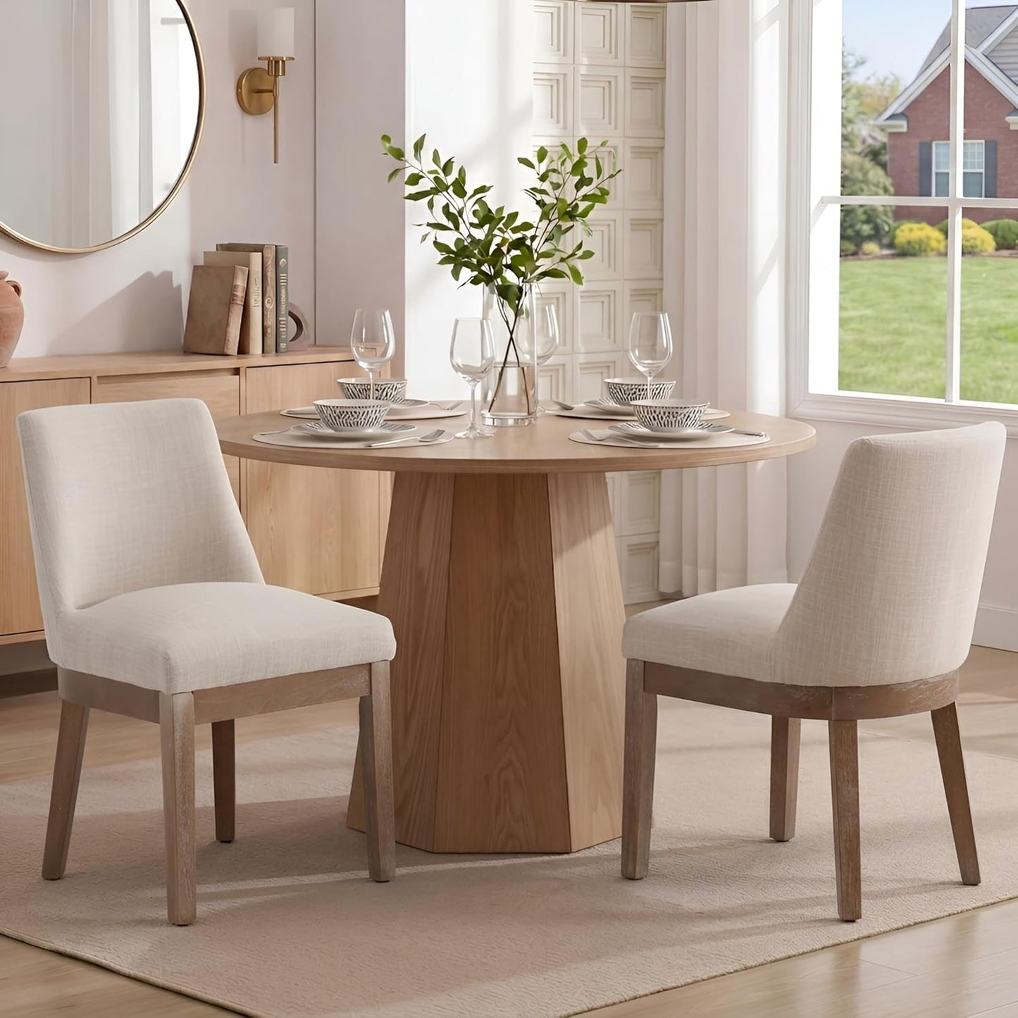 RIVOVA Modern Dining Chairs Set of 2 Comfortable Dining Room Chairs with Back, Linen Fabric Upholstered Kitchen Side Chairs with Natural Wood Legs for Living Room, Beige