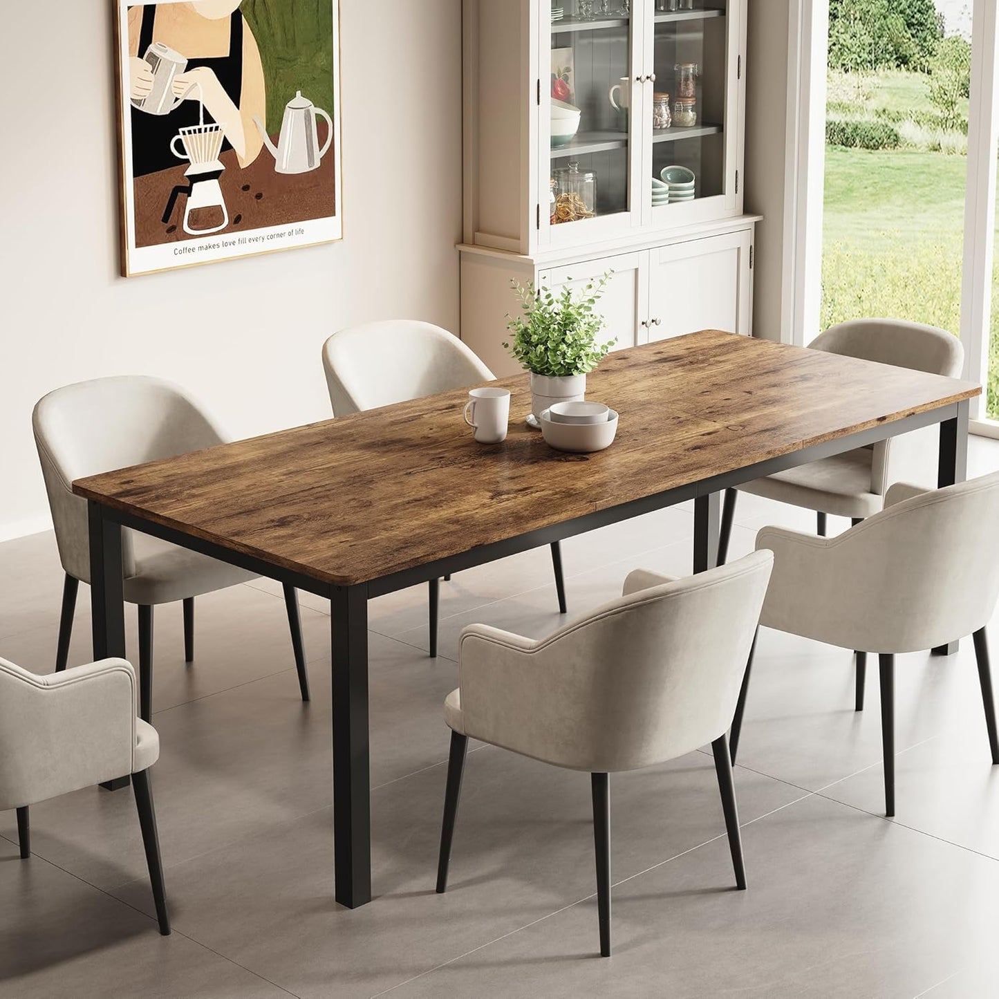 GarveeHome 70.8 in Industrial Dining Table for 6, Wooden Long Dinner Table with Mortise Tenon Design, Kitchen Table with Sturdy Metal Legs, for Dining Room Home Office Living Room, Retro