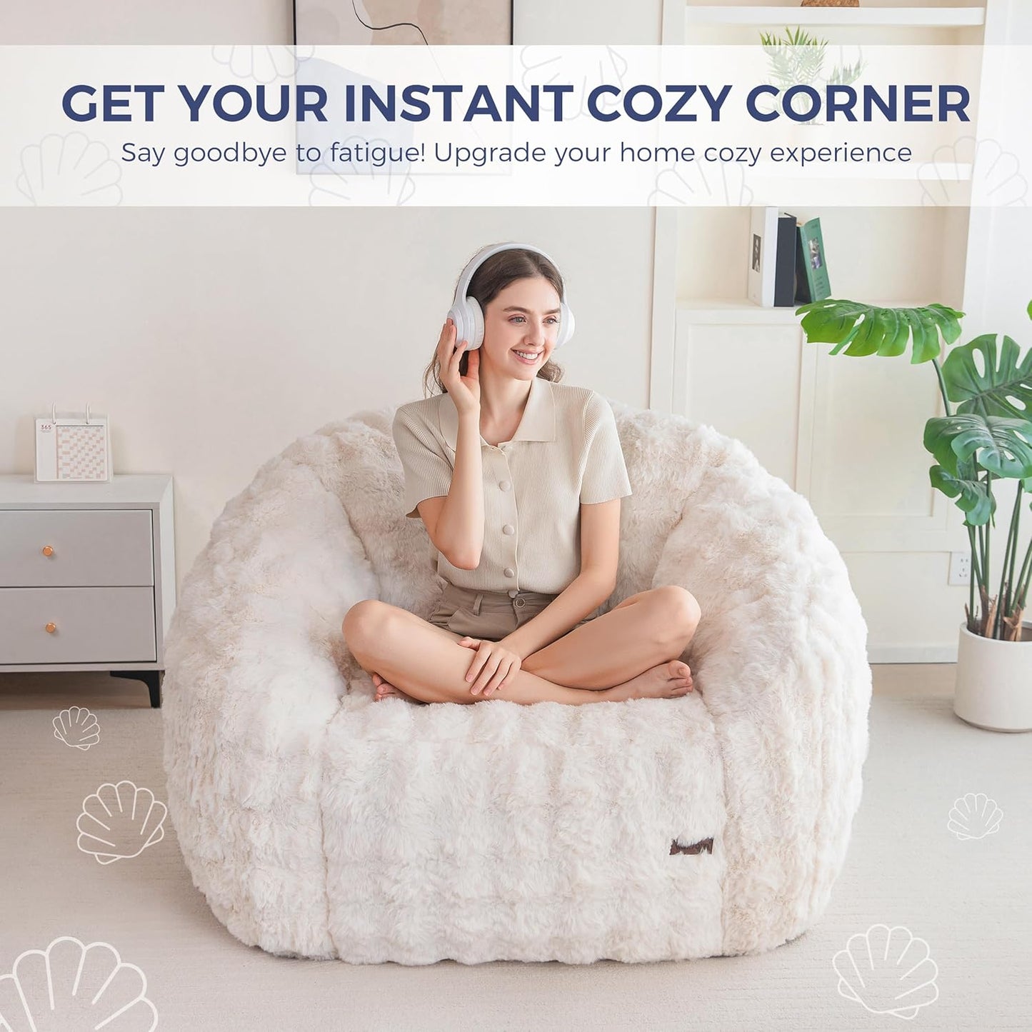 MAXYOYO Giant Bean Bag Chair for Adults, Stuffed Shell-Shaped Large Bean Bag Couch, Cozy Living Room Chair with Filler, Floor Sofa Lazy Sofa for Bedroom Living Room, Beige