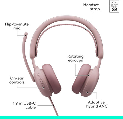 Logitech Zone Wired 2 - Noise-Canceling Headset with Adaptive Hybrid ANC, USB-C with USB-A Adapter - Rose