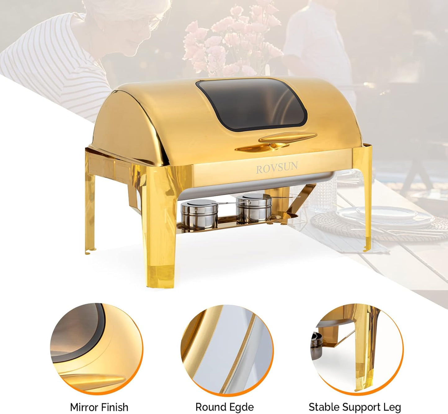 ROVSUN 9QT 3 Pack Roll Top Chafing Dish Buffet Set, Rectangular NSF Stainless Steel Buffet Warmer Chafers with Thick Frame for Catering Events Parties Weddings Dinners, Gold