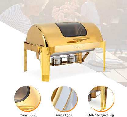 ROVSUN 9QT 3 Pack Roll Top Chafing Dish Buffet Set, Rectangular NSF Stainless Steel Buffet Warmer Chafers with Thick Frame for Catering Events Parties Weddings Dinners, Gold