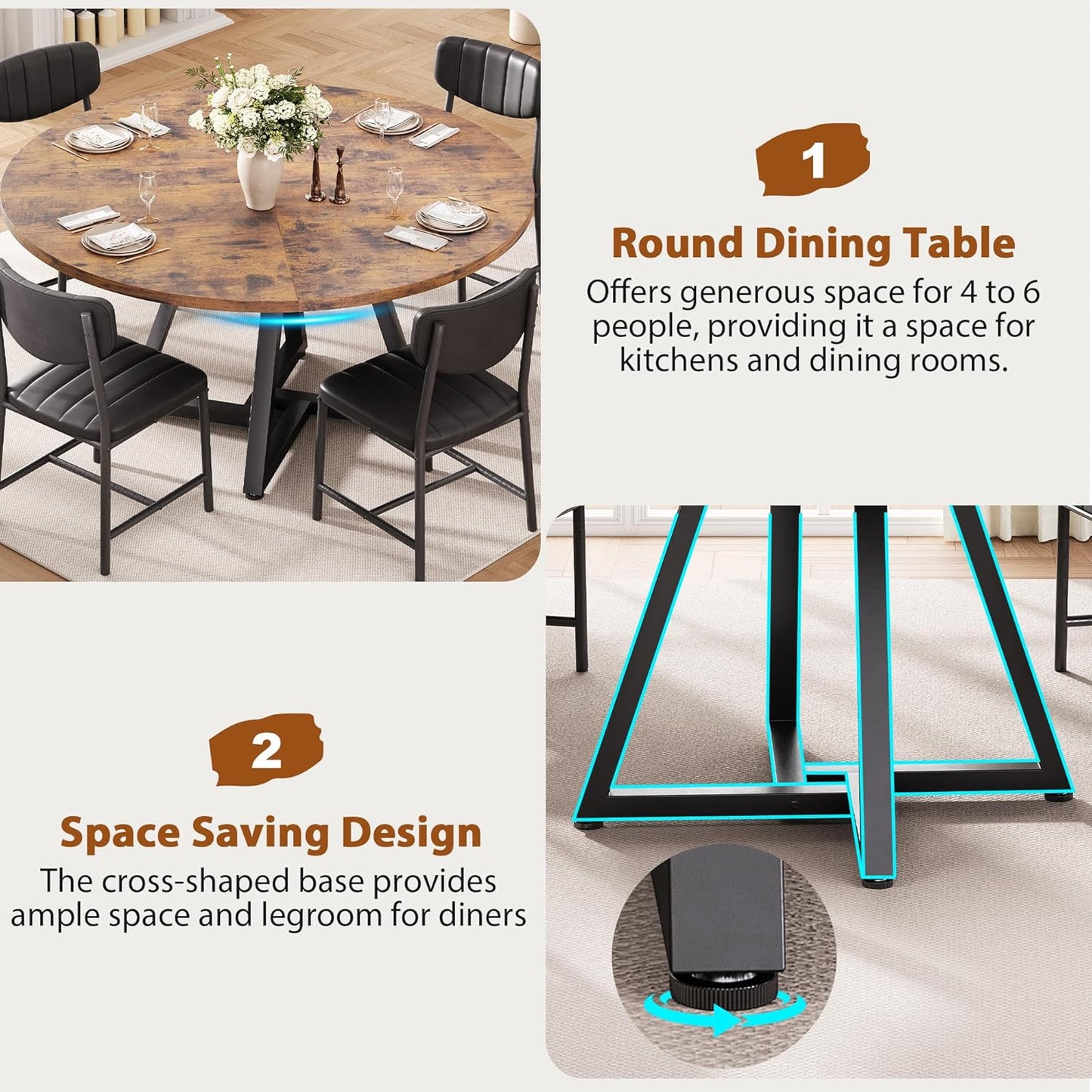 Jocoevol 51“ Round Kitchen Dining Room Table for 6-8, Circle Dining Dinner Table with Pedestal Metal Frame, Space Saving Wood Industrial Furniture for Small Space (Rustic Brown)