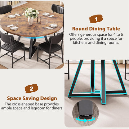 Jocoevol 51“ Round Kitchen Dining Room Table for 6-8, Circle Dining Dinner Table with Pedestal Metal Frame, Space Saving Wood Industrial Furniture for Small Space (Rustic Brown)