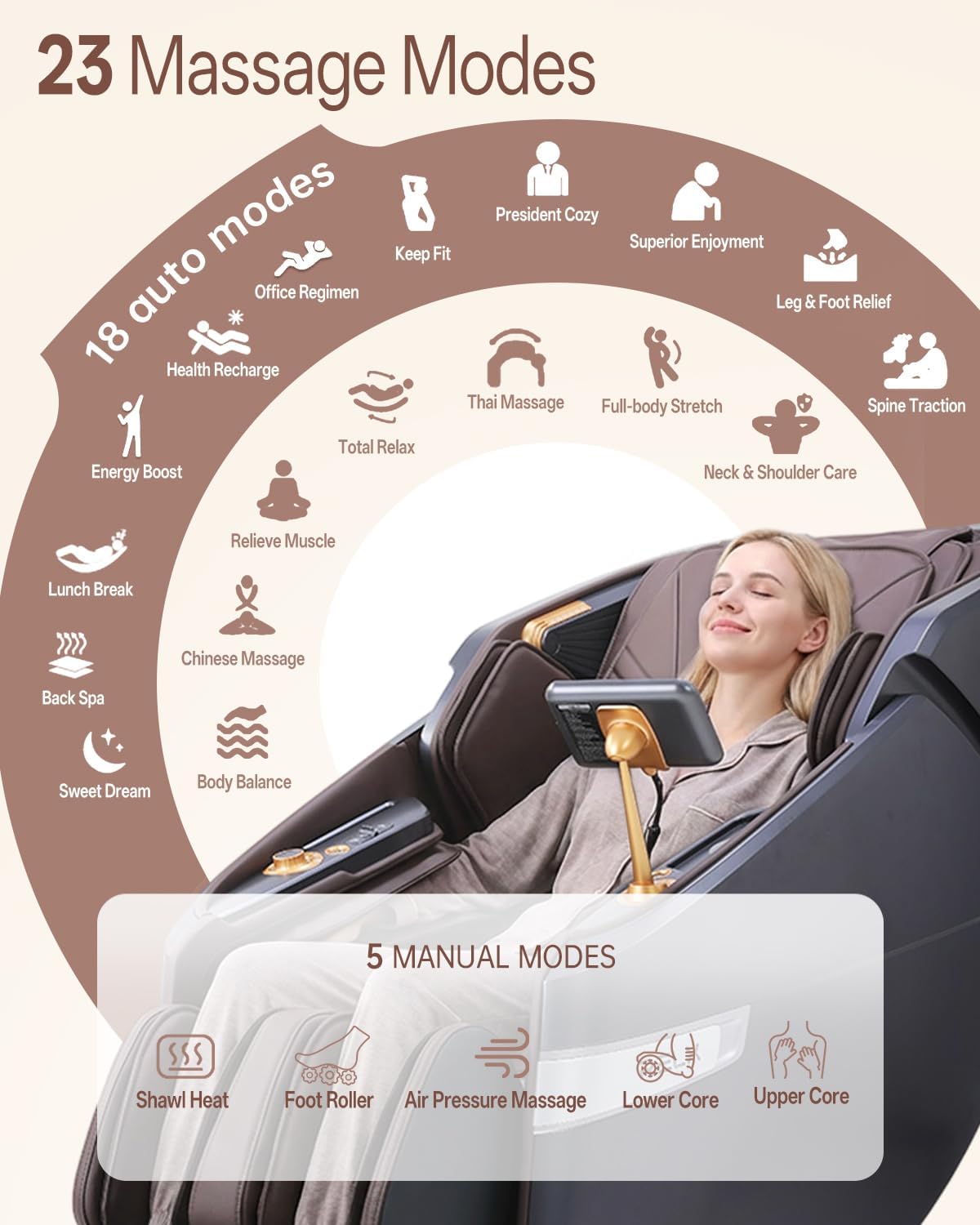 RELX 4D Massage Chair Full Body, 23 Modes Zero Gravity SL-Track Shiatsu Massage Chair with Electric Extendable Footrest, Airbag Massage with Body Scan, Shawl, Deep Yoga Stretch and AI Control(Brown)