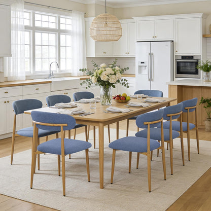 FREKEN Modern Upholstered Dining Chairs Set of 8, Mid-Century Metal Frame with Wood Grain, Linen Fabric Side Chair for Kitchen Dining Room, 350lbs Capacity, Blue