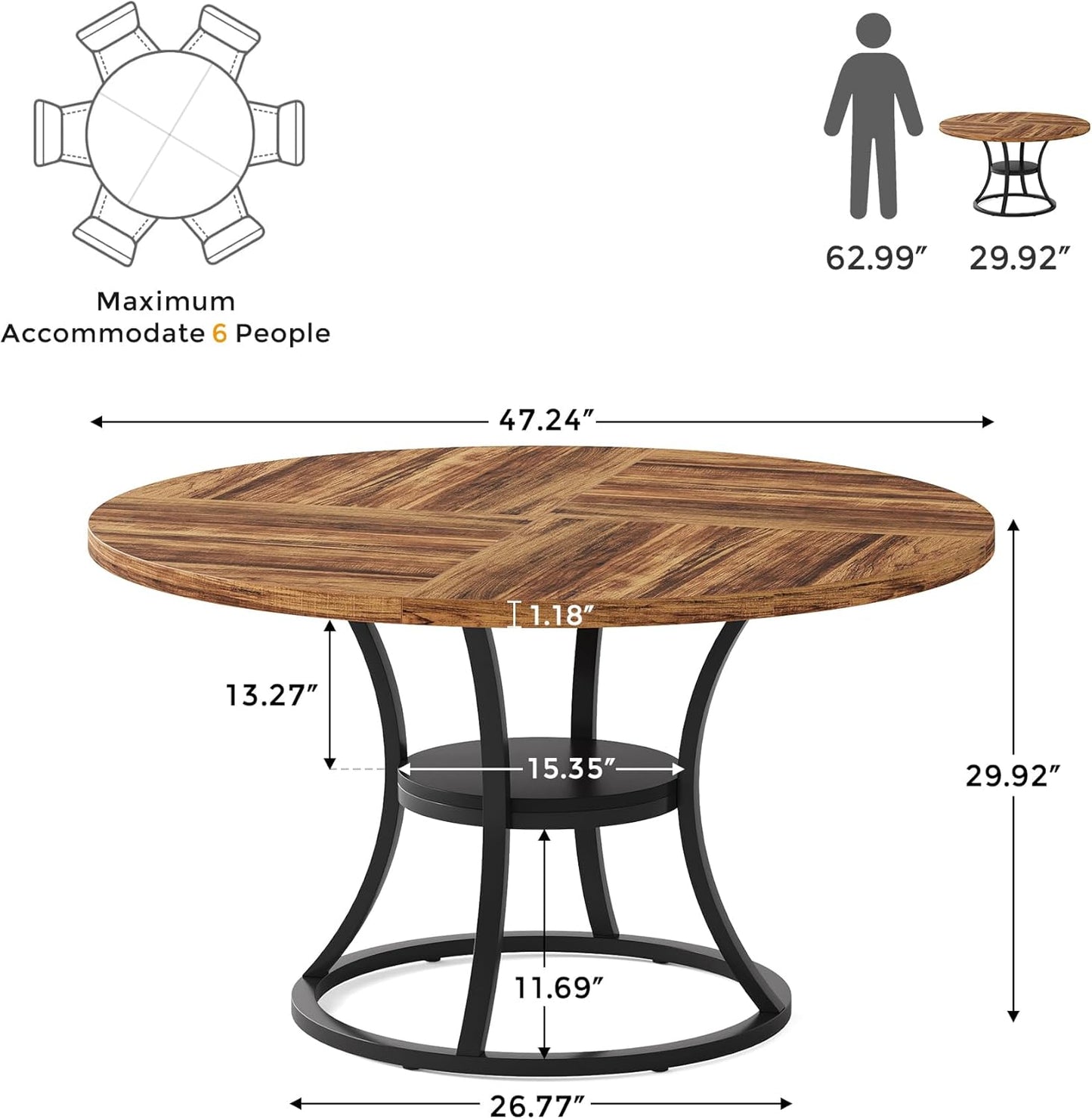 47'' Round Dining Table for 4-6, Farmhouse Dining Room Table with Storage Shelf, Space-Saving Kitchen Table with Metal Base for Kitchen & Dining Room, Table Only (Brown & Black)