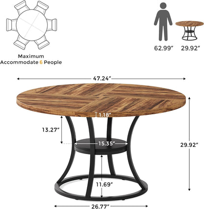 47'' Round Dining Table for 4-6, Farmhouse Dining Room Table with Storage Shelf, Space-Saving Kitchen Table with Metal Base for Kitchen & Dining Room, Table Only (Brown & Black)