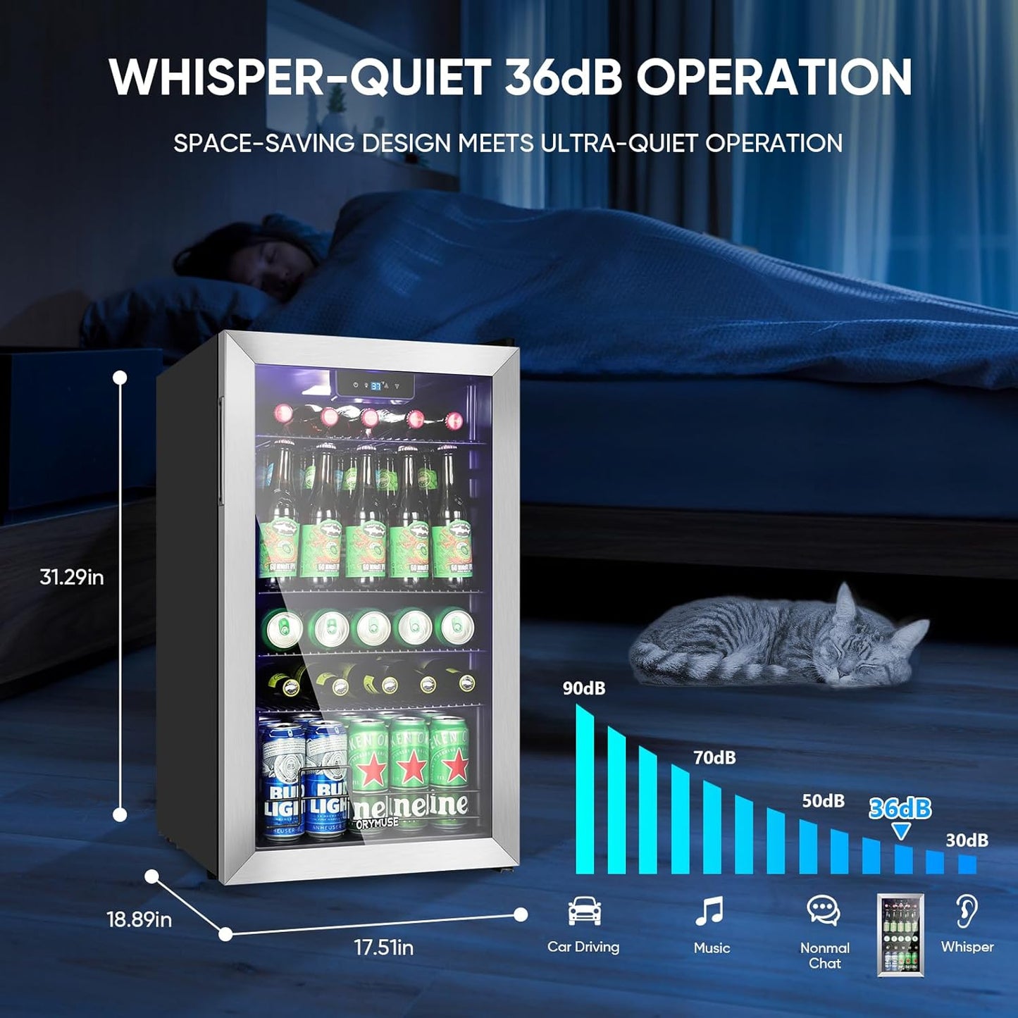 ORYMUSE 3.2 Cu.Ft Beverage Refrigerator, 130 Can Mini Fridge with Glass Door & Digital Temperature Control, Compressor Cooling Freestanding Cooler for Soda, Beer, Wine, Home, Office & Bar - Silver