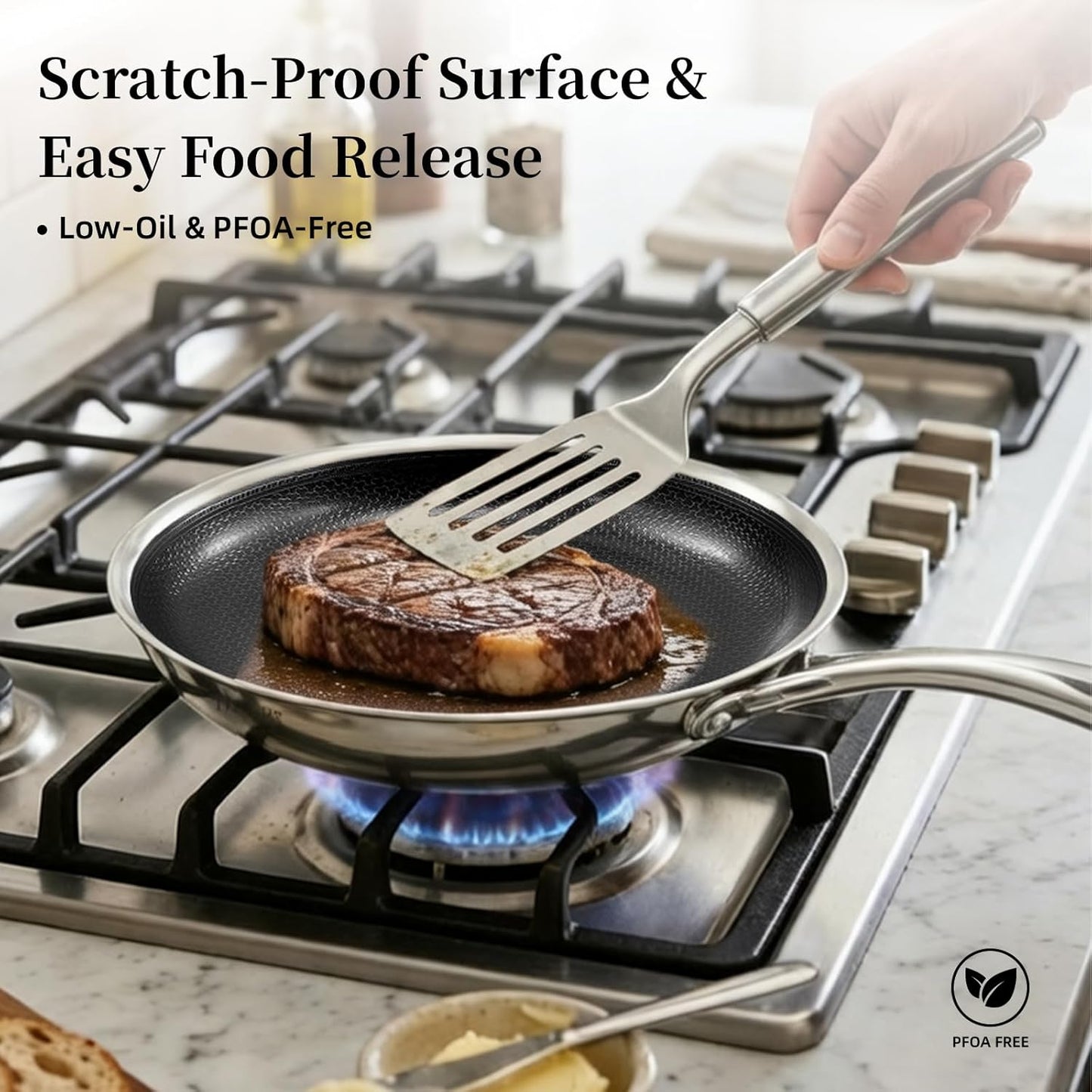 DELUXE Hybrid Ceramic Nonstick 5-PC Fry Pan Set,8,10,12 Inch Frying Pans with Tempered Glass Lid,Stay-Cool Handle, Dishwasher Safe, Works on All Stovetops Induction for Home Daily Cooking (Black)