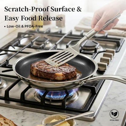 DELUXE Hybrid Ceramic Nonstick 5-PC Fry Pan Set,8,10,12 Inch Frying Pans with Tempered Glass Lid,Stay-Cool Handle, Dishwasher Safe, Works on All Stovetops Induction for Home Daily Cooking (Black)