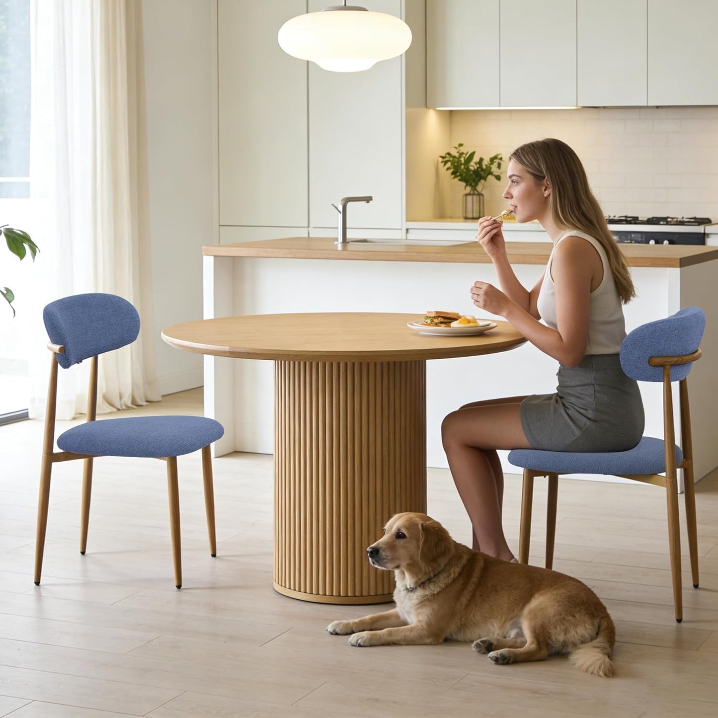 FREKEN Modern Upholstered Dining Chairs Set of 8, Mid-Century Metal Frame with Wood Grain, Linen Fabric Side Chair for Kitchen Dining Room, 350lbs Capacity, Blue