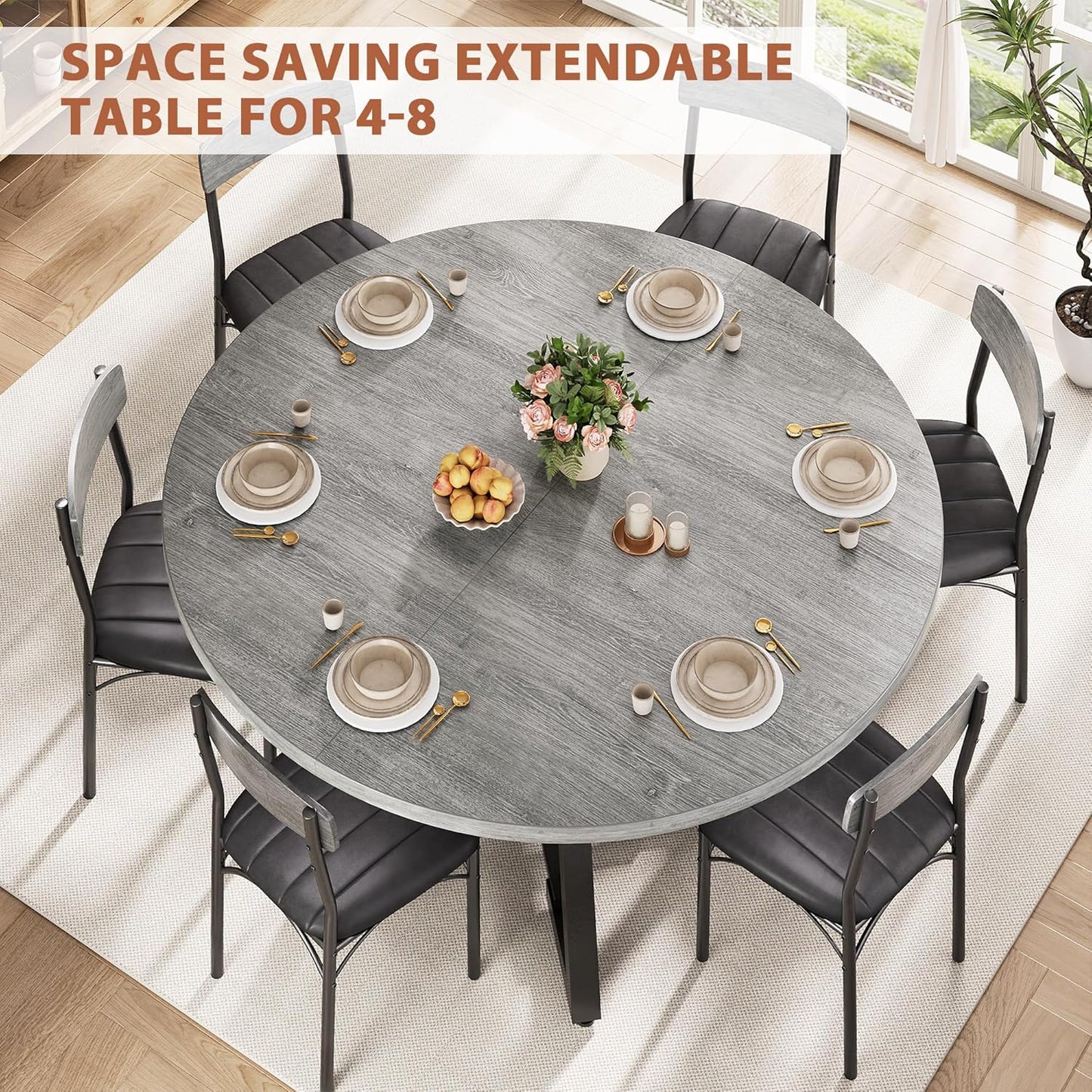 43''-57'' Extendable Round Dining Table for 4-6, Modern Industrial Kitchen Oval Dining Table with Removable Leaves, Space Saving Pedestal Base with Storage Shelf for Kitchen Living Room (Grey)