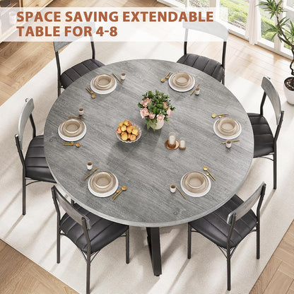43''-57'' Extendable Round Dining Table for 4-6, Modern Industrial Kitchen Oval Dining Table with Removable Leaves, Space Saving Pedestal Base with Storage Shelf for Kitchen Living Room (Grey)