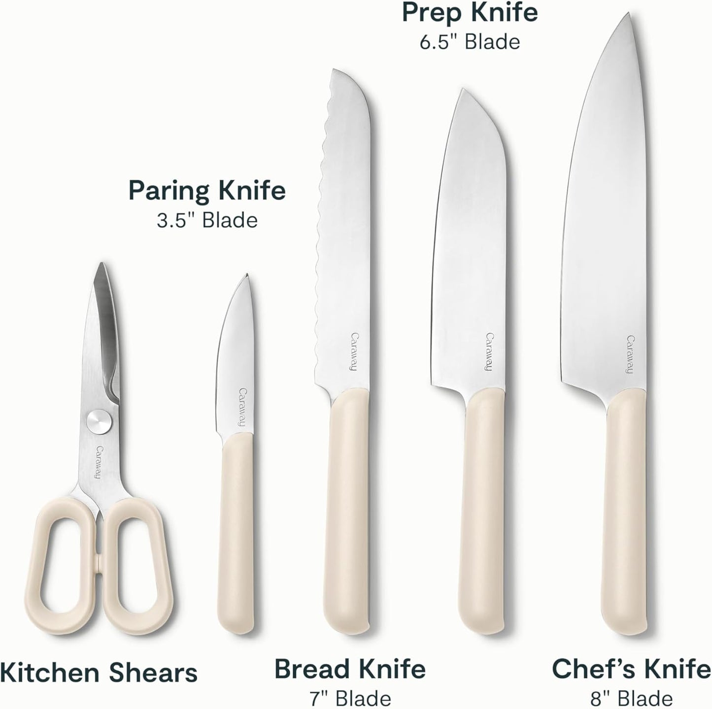 Caraway 14-Piece Kitchen Prep Set - Kitchen Knife Set & Wooden Utensil Set - Made With Premium German Steel Blades & FSC-Certified Birch Wood - Non-Toxic Materials - Includes Organizer - Cream