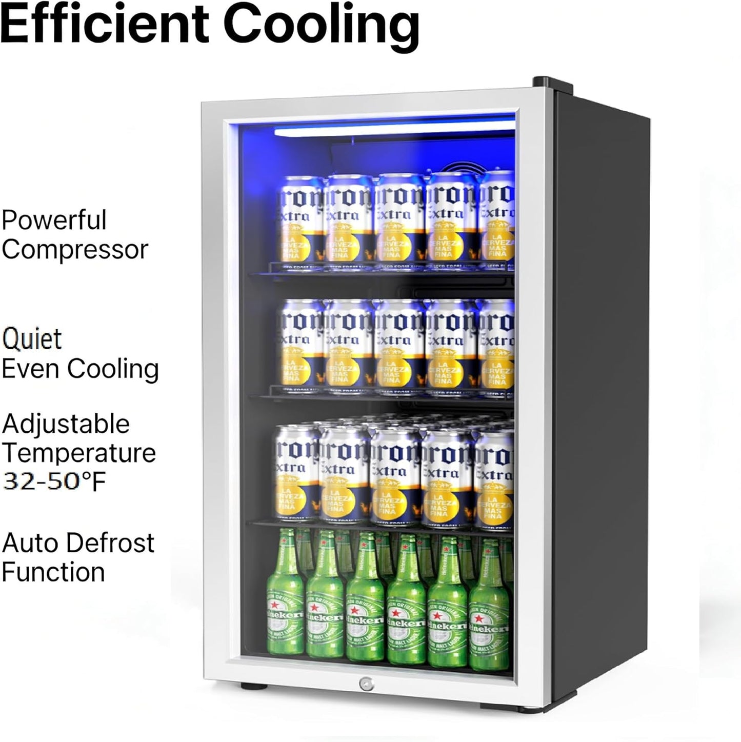 Bonnlo 3.3 Cu.Ft Beverage Refrigerator Cooler with Glass Door & Safety Lock, Quiet Mini Drink Fridge with Adjustable Shelf & Feet, Small Wine Cooler for Bedroom, Bar & Office, 32-50°F, 115V