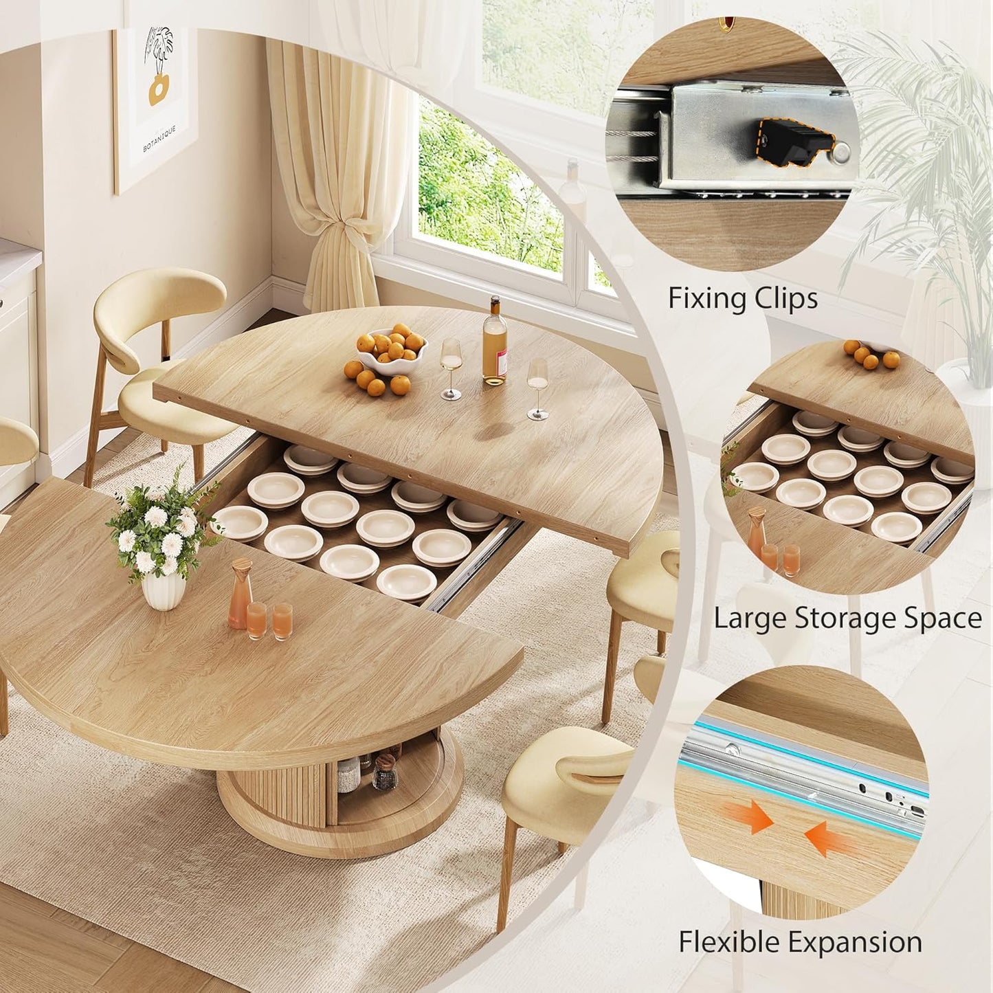 Jocoevol 47″–63″ Extendable Round Dining Table for 4–8 with Dust-Proof 2-Tier Storage Shelf Space-Saving Expandable Dining Room Table Wood Oval Circle Dining Table with Pedestal Base (Natural)